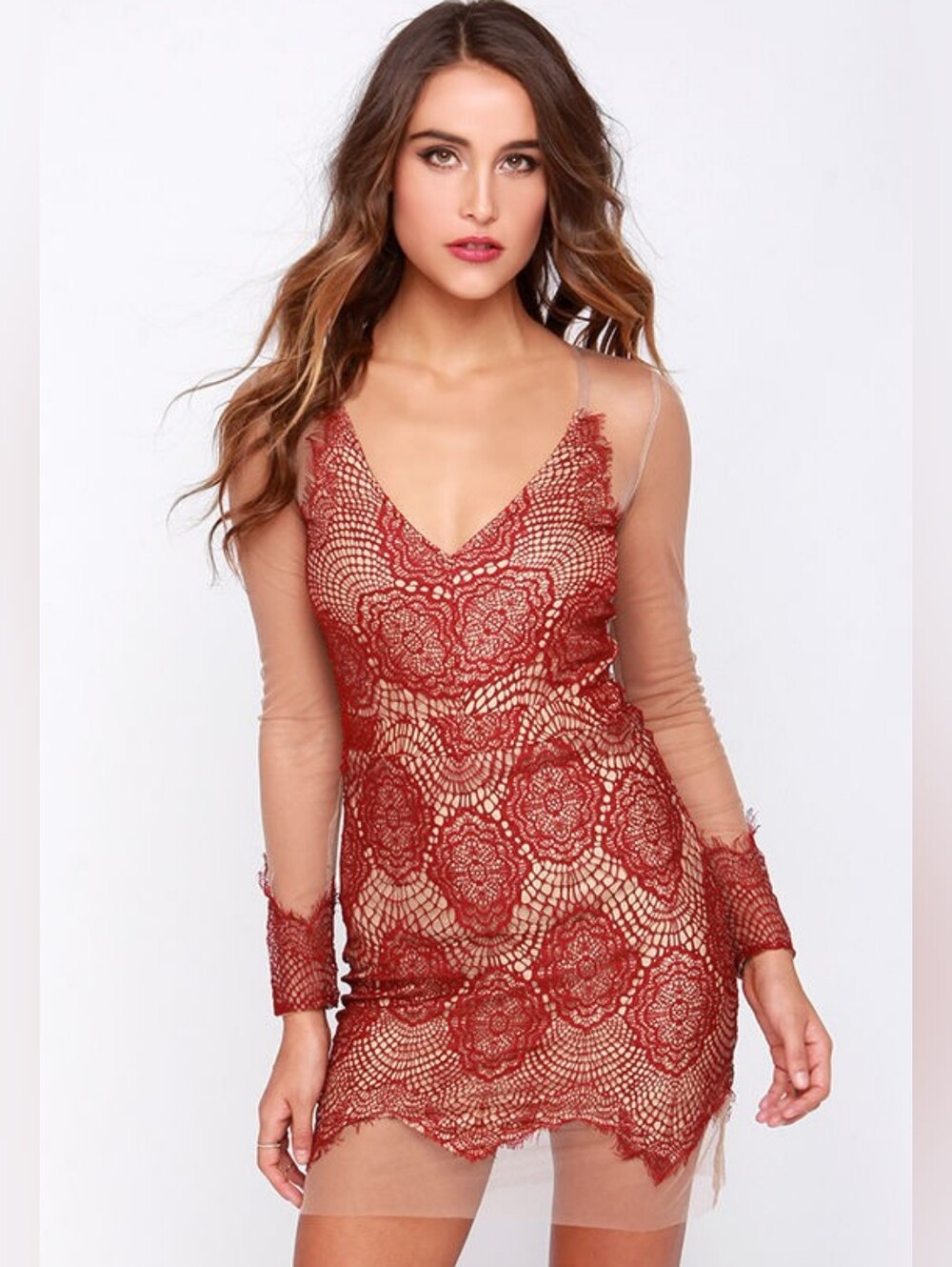 🧶 Beau & Arrow Red Lace Nude Mesh Sheer Backless Dress